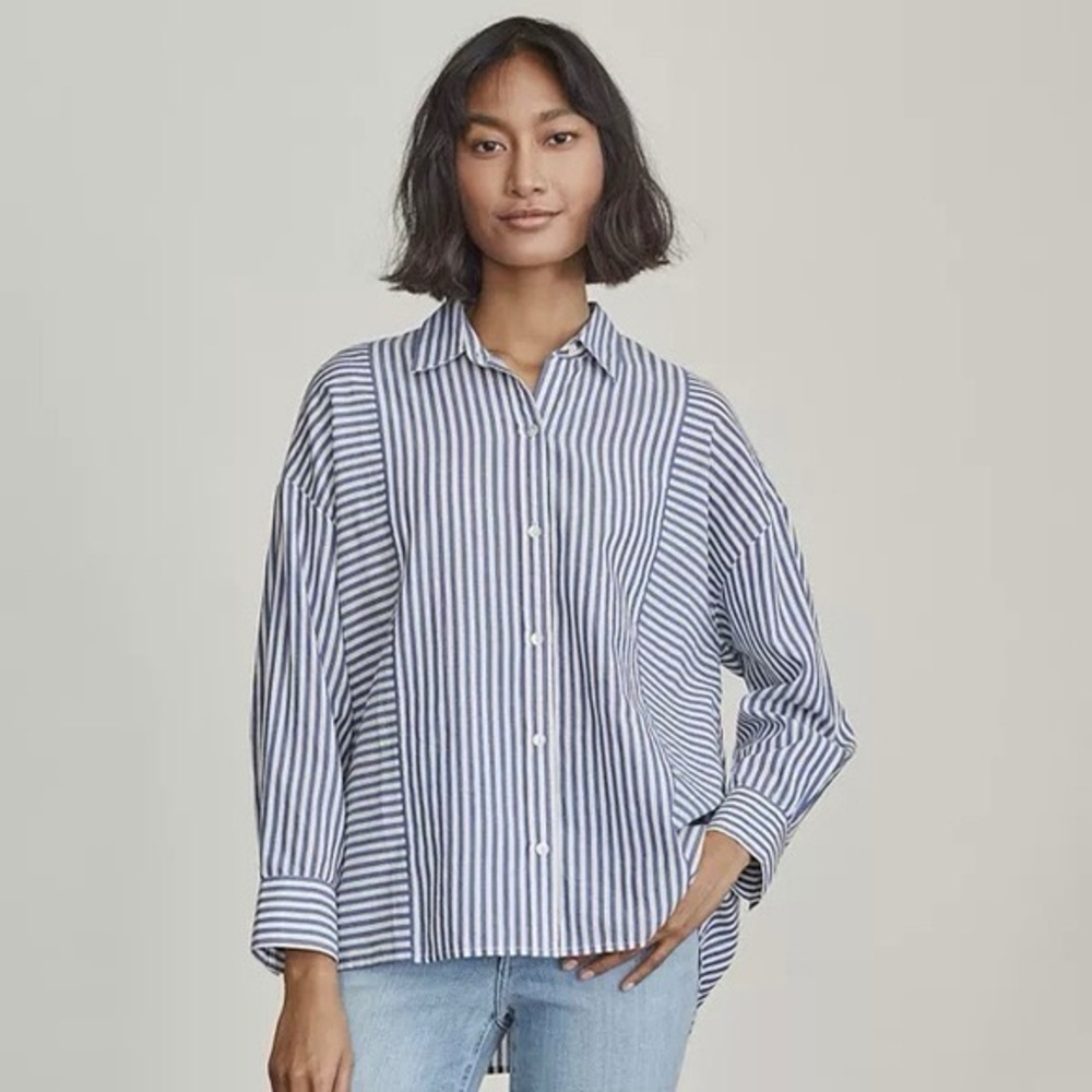 Elizabeth and James Striped Cotton Button Up Shirt Long Sleeve Blue White XL 305